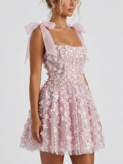 Pink 3D Floral Appliqué Beaded Tulle Dress - Dresses