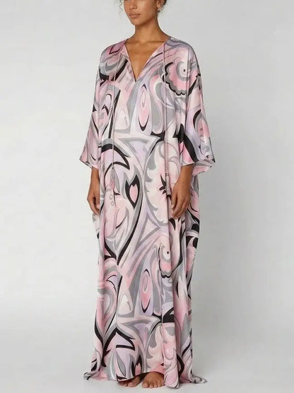 Pink Abstract Print Silk Kaftan Maxi Dress - Dresses