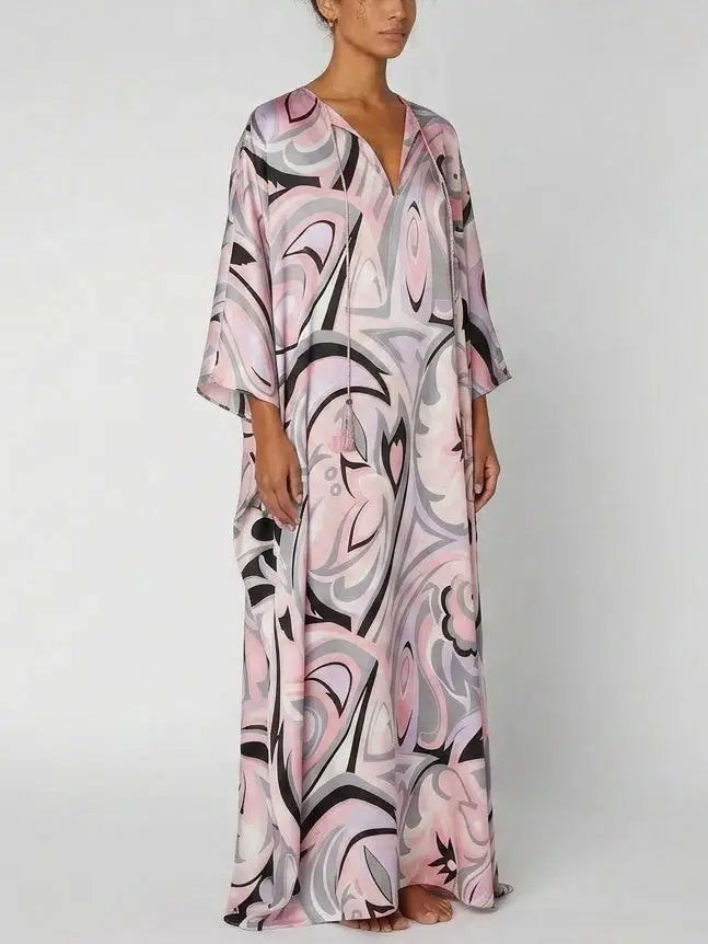 Pink Abstract Print Silk Kaftan Maxi Dress - Dresses