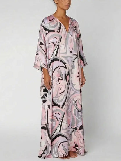 Pink Abstract Print Silk Kaftan Maxi Dress - Dresses