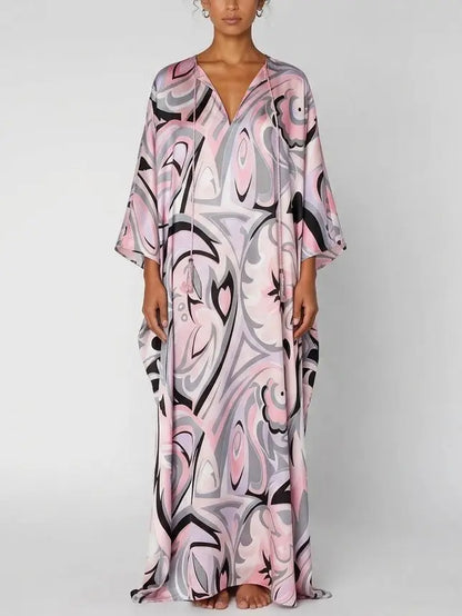 Pink Abstract Print Silk Kaftan Maxi Dress - Dresses