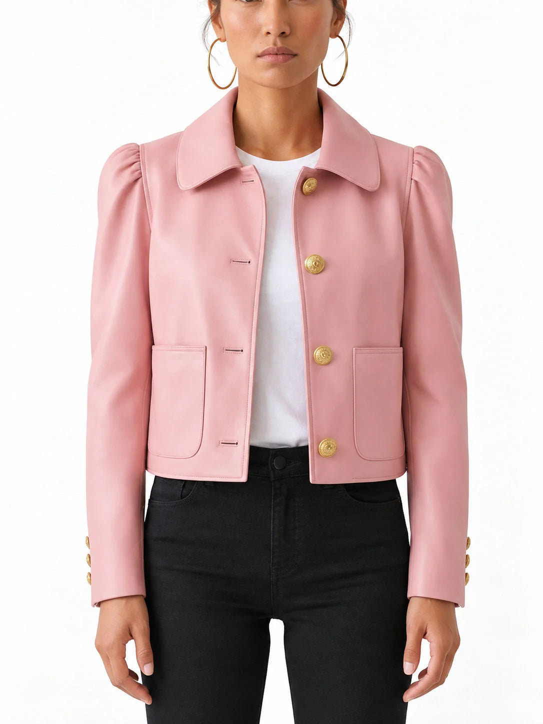 Pink Cropped Leather Jacket with Gold Buttons - Jackets