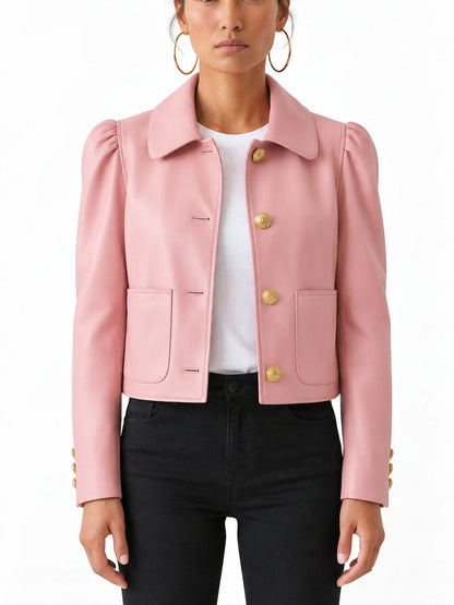 Pink Cropped Leather Jacket with Gold Buttons - Jackets