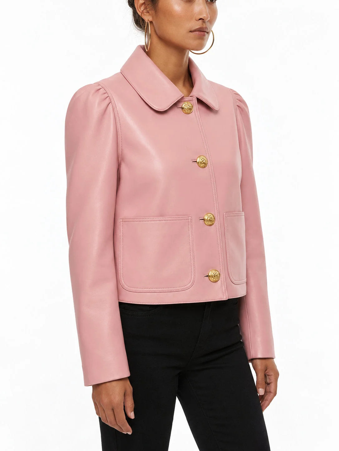 Pink Cropped Leather Jacket with Gold Buttons - Jackets