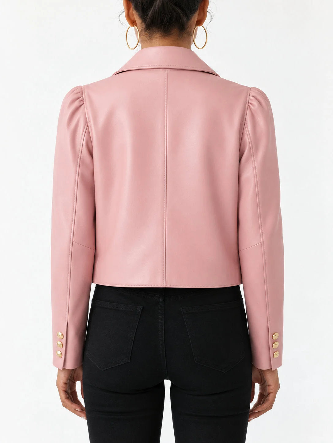 Pink Cropped Leather Jacket with Gold Buttons - Jackets