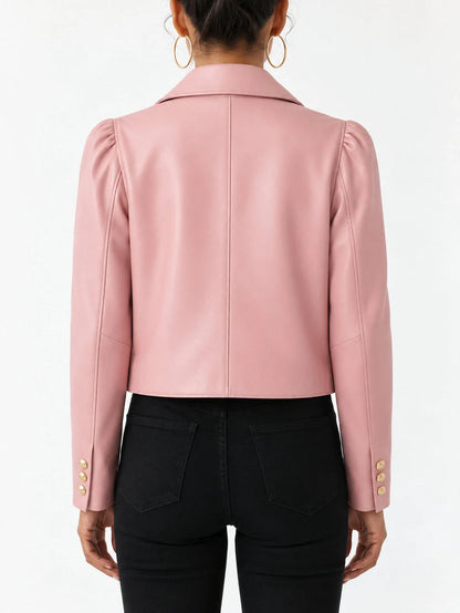 Pink Cropped Leather Jacket with Gold Buttons - Jackets