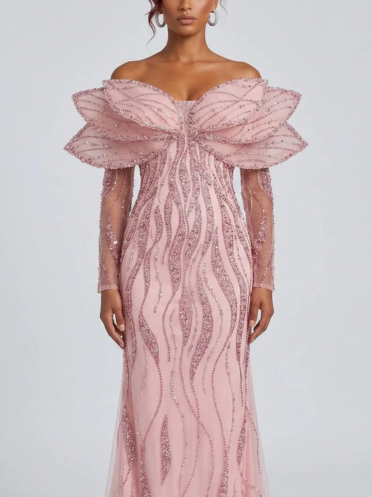 Pink Crystal Petal Shoulder Gown - Dresses