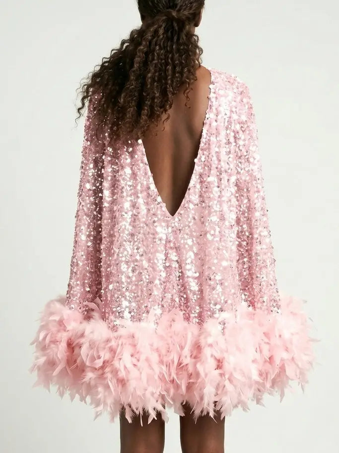 Pink Embellished Mini Dress with Feathers - Dresses