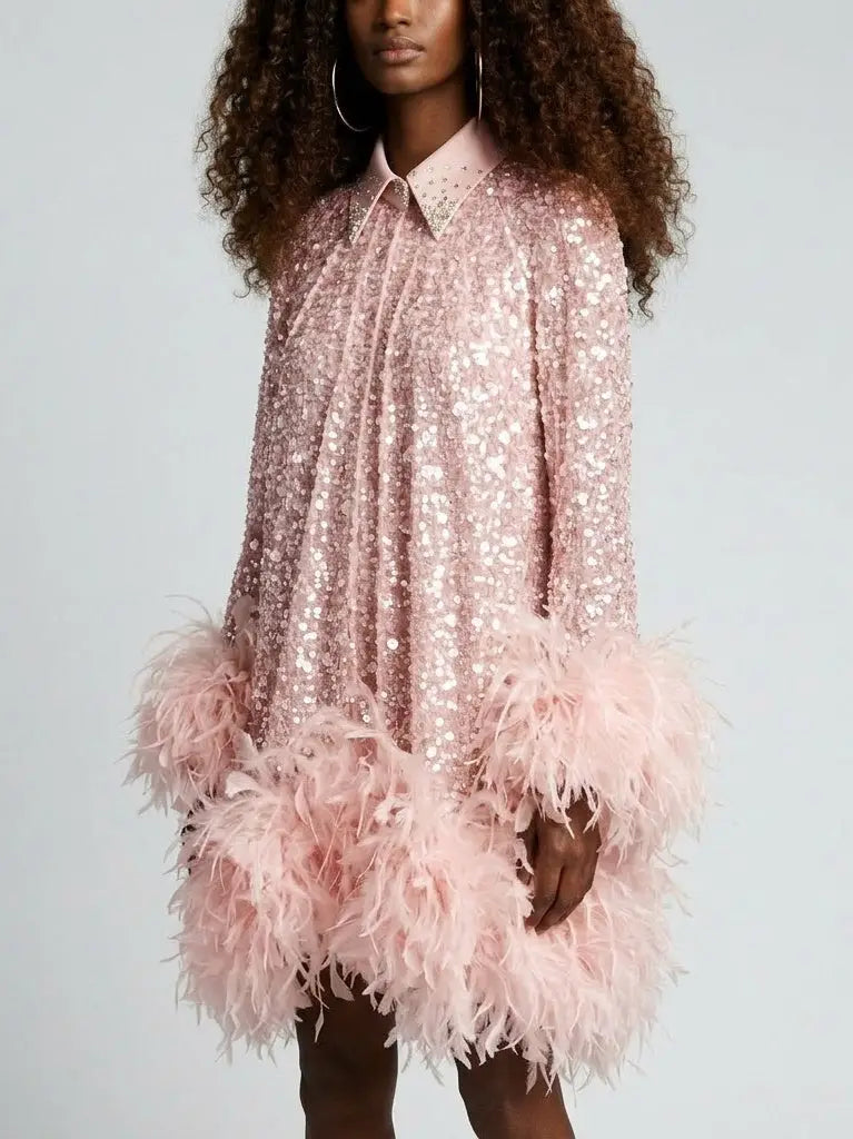 Pink Embellished Mini Dress with Feathers - Dresses
