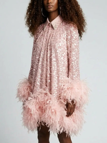 Pink Embellished Mini Dress with Feathers - Dresses