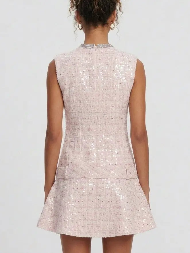 Pink Embellished Tweed Mini Dress - Dresses
