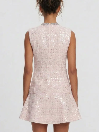 Pink Embellished Tweed Mini Dress - Dresses