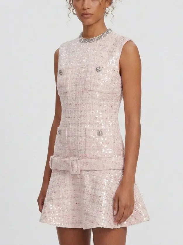 Pink Embellished Tweed Mini Dress - Dresses