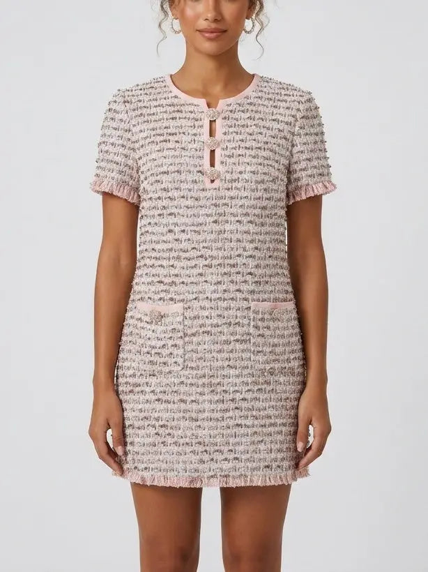 Pink Embellished Tweed Mini Dress - Suits & Sets