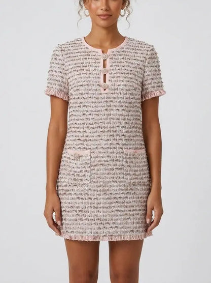Pink Embellished Tweed Mini Dress - Suits & Sets