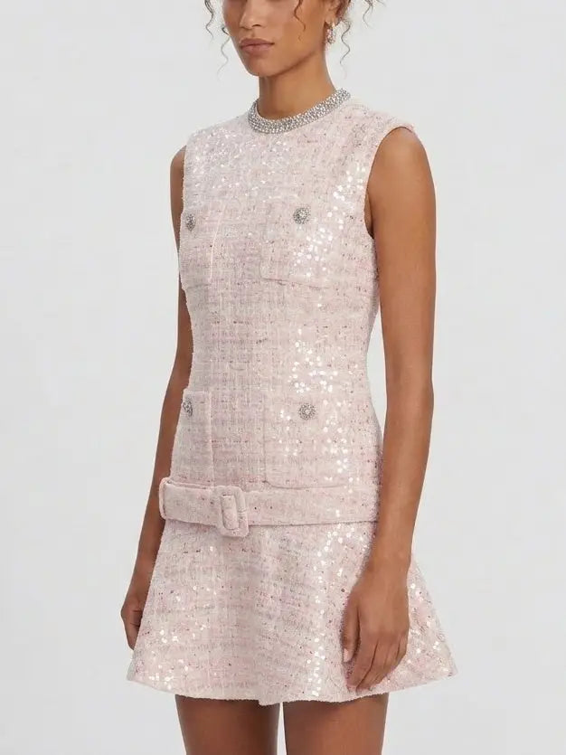 Pink Embellished Tweed Mini Dress - Dresses