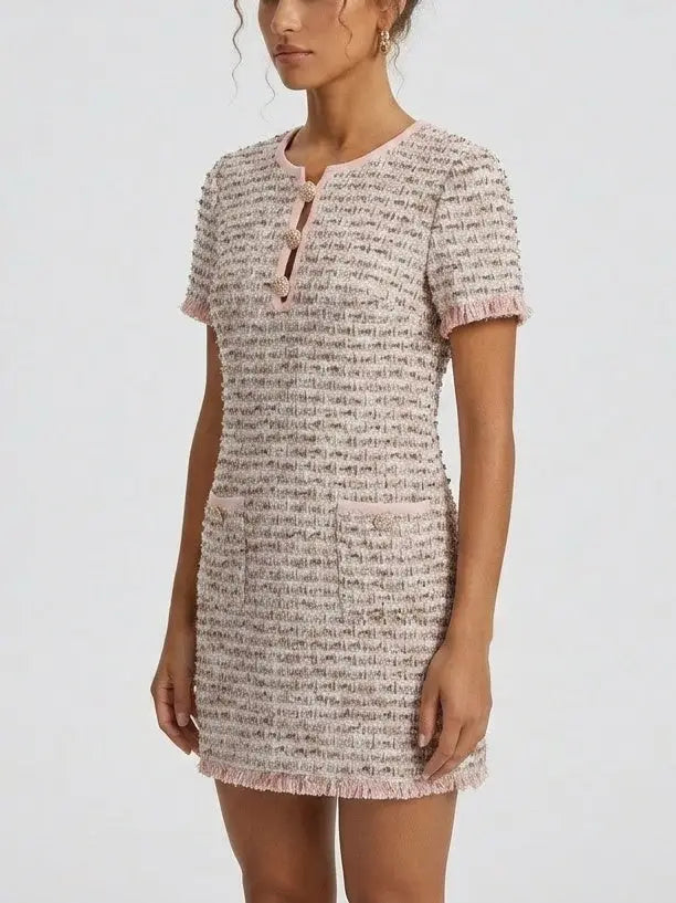 Pink Embellished Tweed Mini Dress - Suits & Sets
