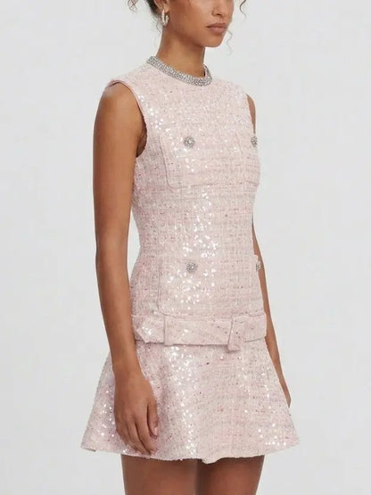 Pink Embellished Tweed Mini Dress - Dresses