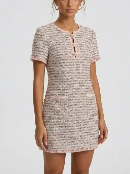 Pink Embellished Tweed Mini Dress - Suits & Sets