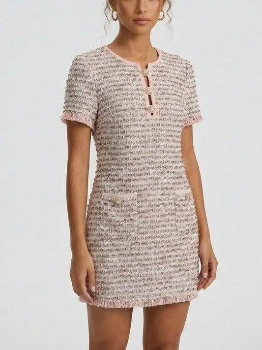 Pink Embellished Tweed Mini Dress - Suits & Sets