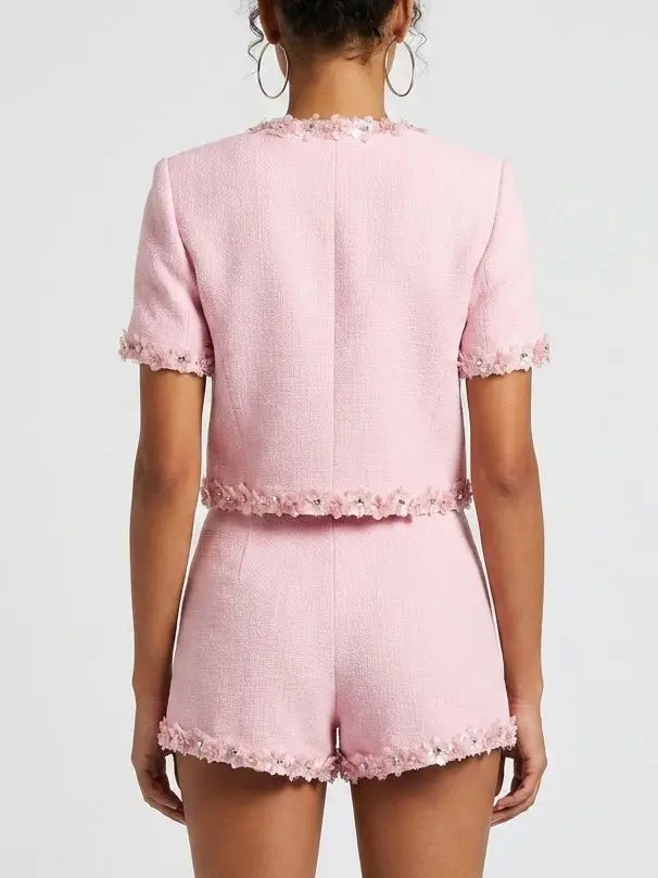 Pink Floral Applique Short Sleeve Jacket and Shorts Set - Suits & Sets