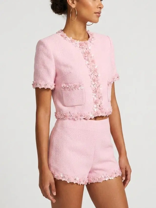 Pink Floral Applique Short Sleeve Jacket and Shorts Set - Suits & Sets