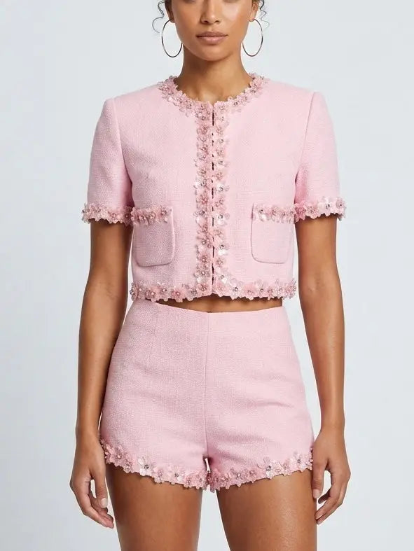 Pink Floral Applique Short Sleeve Jacket and Shorts Set - Suits & Sets