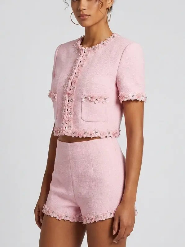 Pink Floral Applique Short Sleeve Jacket and Shorts Set - Suits & Sets