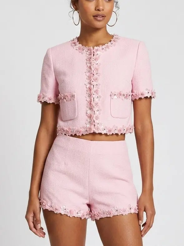 Pink Floral Applique Short Sleeve Jacket and Shorts Set - Suits & Sets