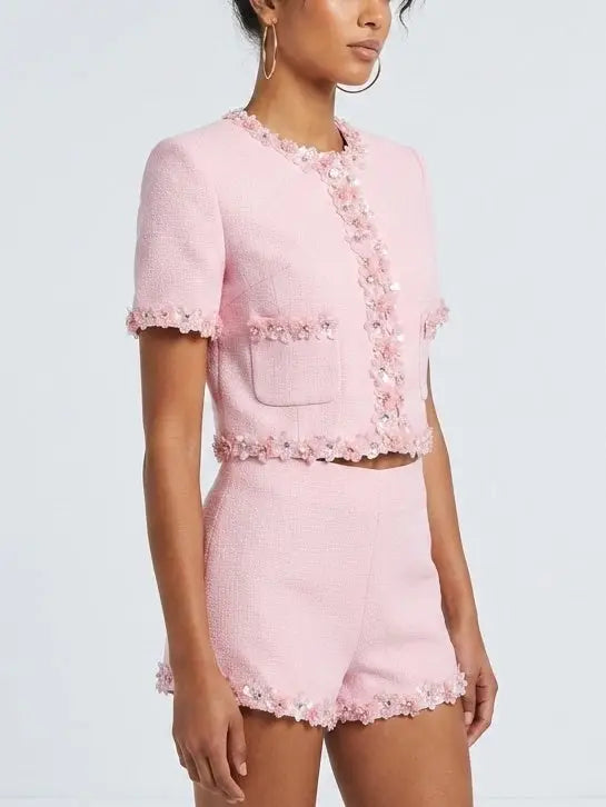 Pink Floral Applique Short Sleeve Jacket and Shorts Set - Suits & Sets