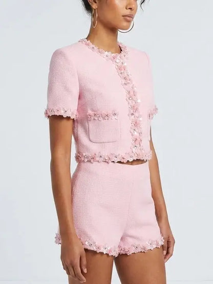 Pink Floral Applique Short Sleeve Jacket and Shorts Set - Suits & Sets