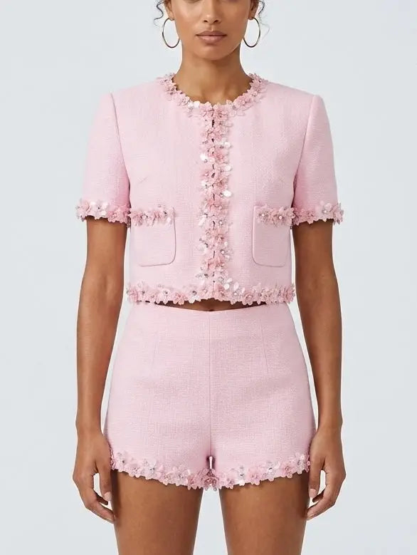 Pink Floral Applique Short Sleeve Jacket and Shorts Set - Suits & Sets