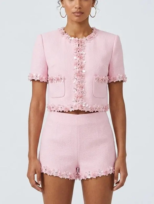 Pink Floral Applique Short Sleeve Jacket and Shorts Set - Suits & Sets
