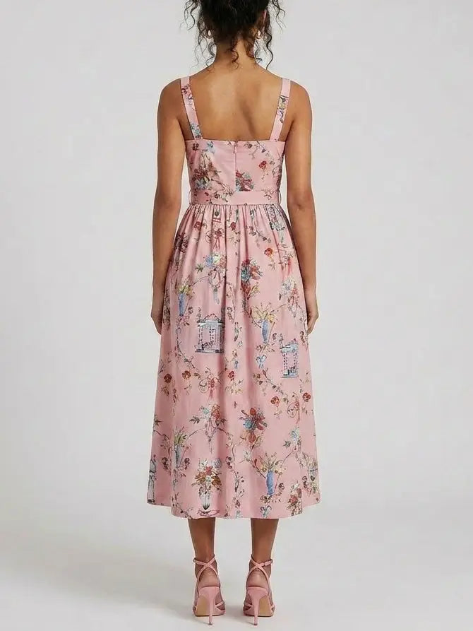 Pink Floral Cotton Button Front Midi Dress with Belt - Dresses
