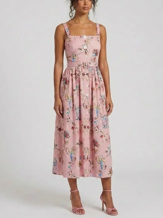 Pink Floral Cotton Button Front Midi Dress with Belt - Dresses