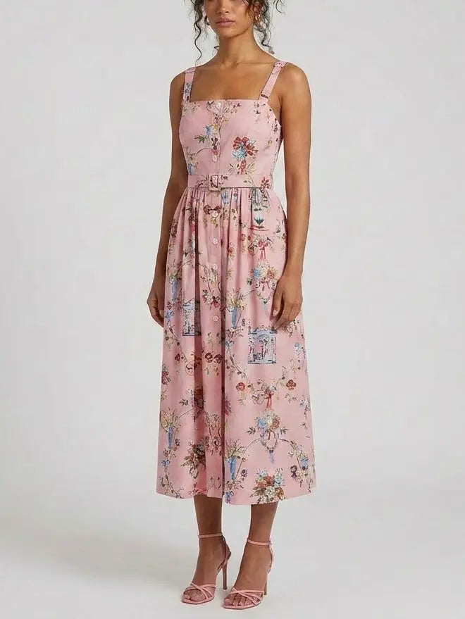 Pink Floral Cotton Button Front Midi Dress with Belt - Dresses