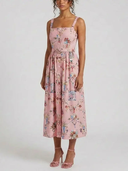 Pink Floral Cotton Button Front Midi Dress with Belt - Dresses