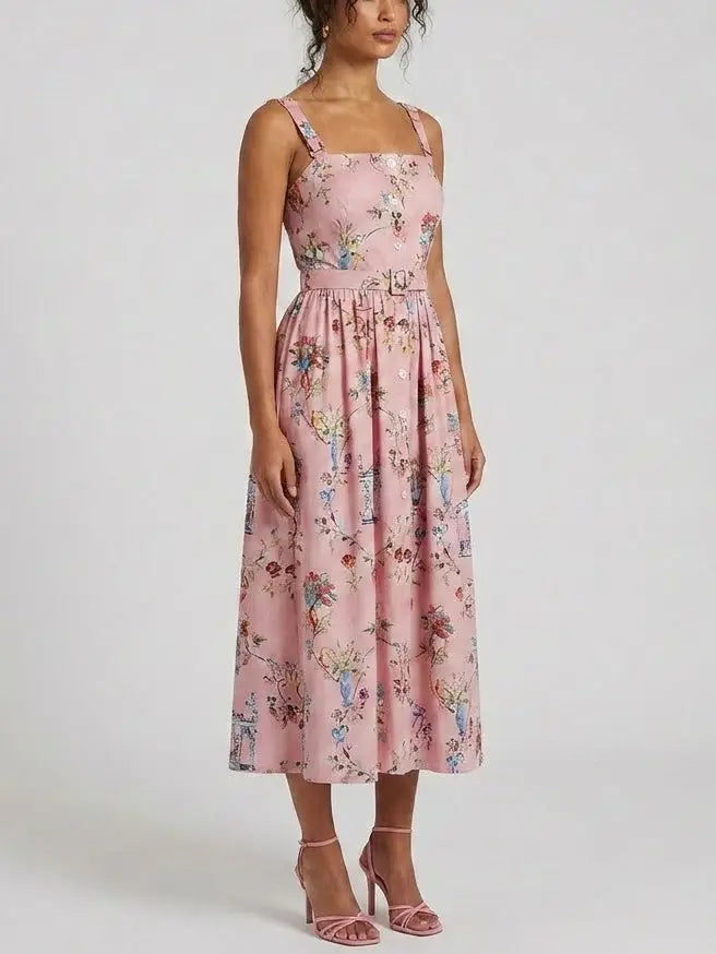 Pink Floral Cotton Button Front Midi Dress with Belt - Dresses