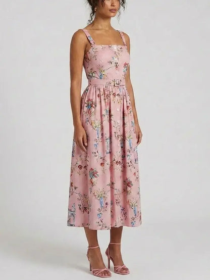 Pink Floral Cotton Button Front Midi Dress with Belt - Dresses