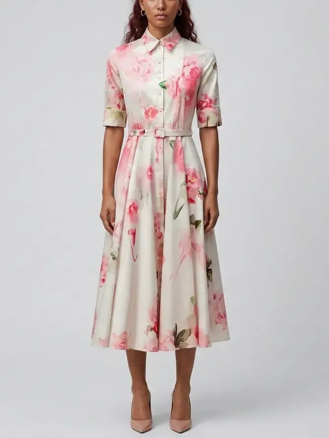 Pink Floral Cotton Shirt Midi Dress - Dresses