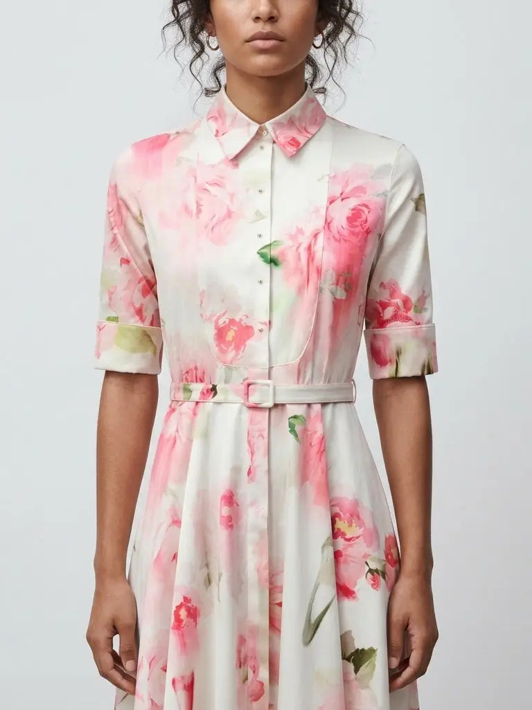 Pink Floral Cotton Shirt Midi Dress - Dresses