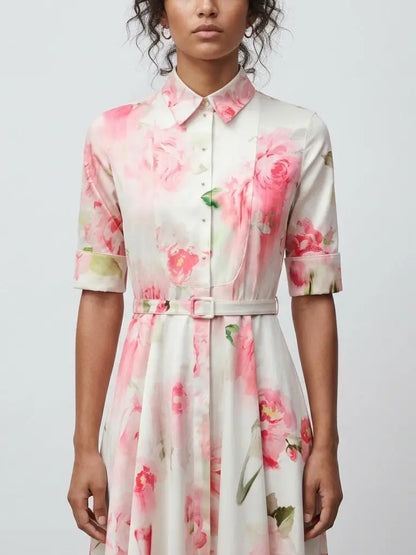 Pink Floral Cotton Shirt Midi Dress - Dresses