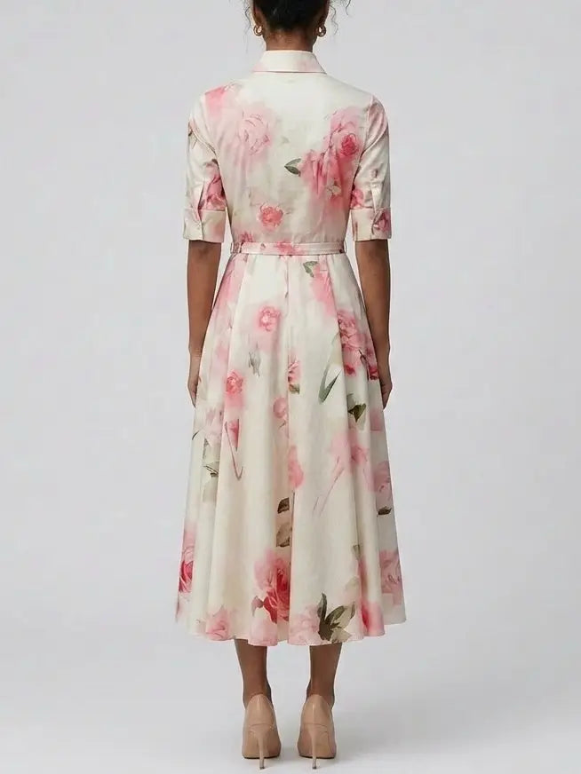 Pink Floral Cotton Shirt Midi Dress - Dresses