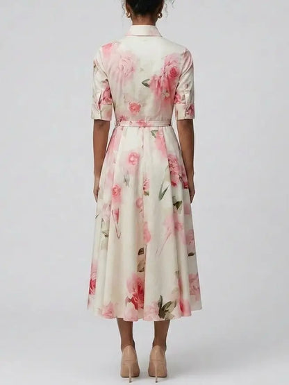Pink Floral Cotton Shirt Midi Dress - Dresses