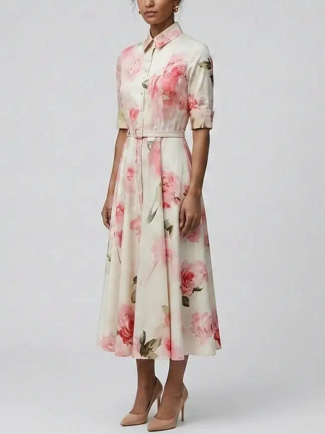 Pink Floral Cotton Shirt Midi Dress - Dresses