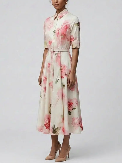 Pink Floral Cotton Shirt Midi Dress - Dresses
