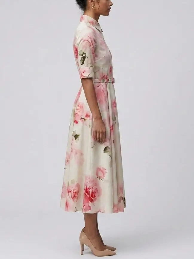 Pink Floral Cotton Shirt Midi Dress - Dresses
