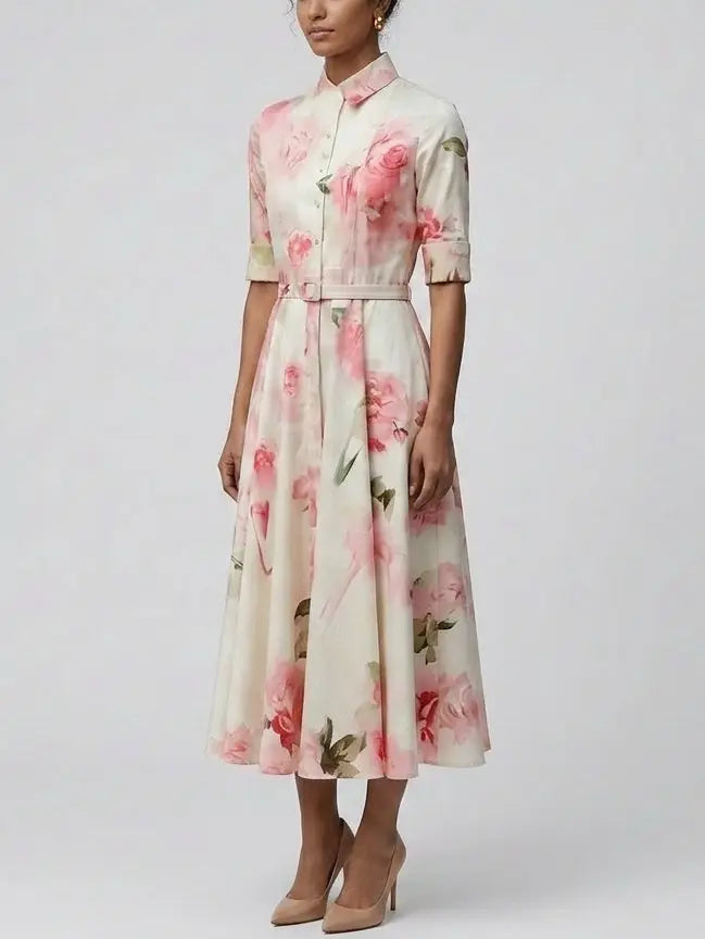 Pink Floral Cotton Shirt Midi Dress - Dresses