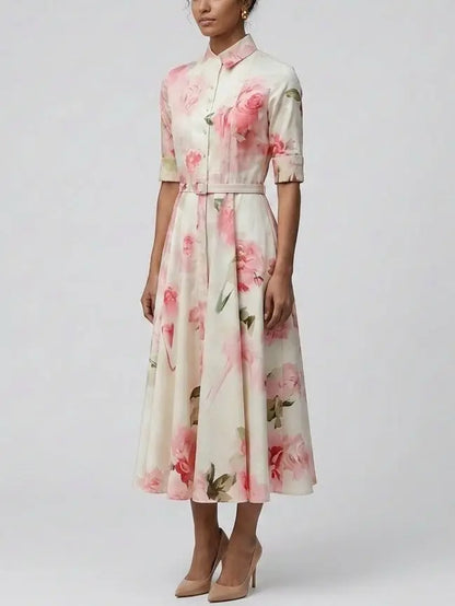 Pink Floral Cotton Shirt Midi Dress - Dresses