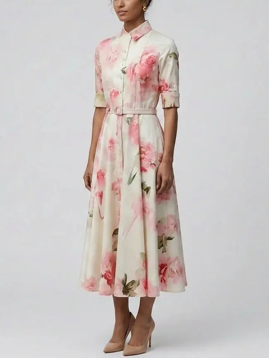 Pink Floral Cotton Shirt Midi Dress - Dresses